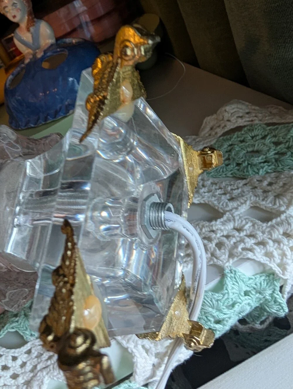 Vintage Hollywood Regency Heavy Ice Glass Accent Table Lamp with Ormolu Feet
